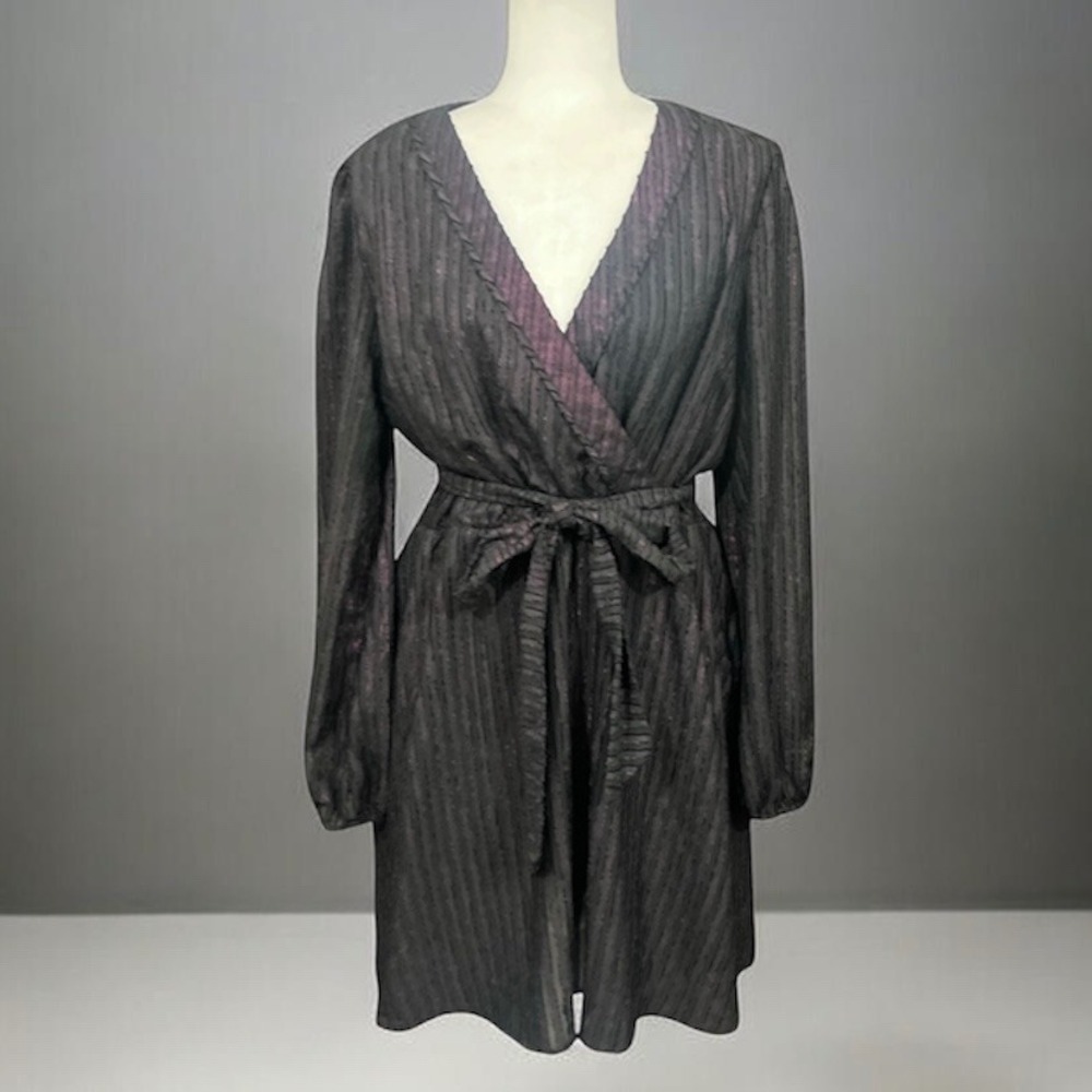 ModCloth Wrap Dress XL Black Purple Shimmer Stripe Whimsical Goth Dark Romantic